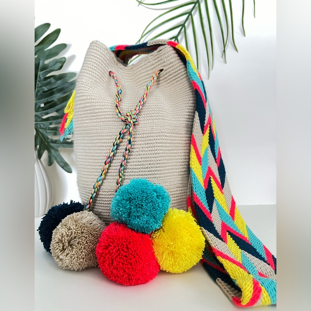 Colorful Pom Pom Hand-Knit Blue Bucket Crossbody Bag - Wayuu Mochila Bag
